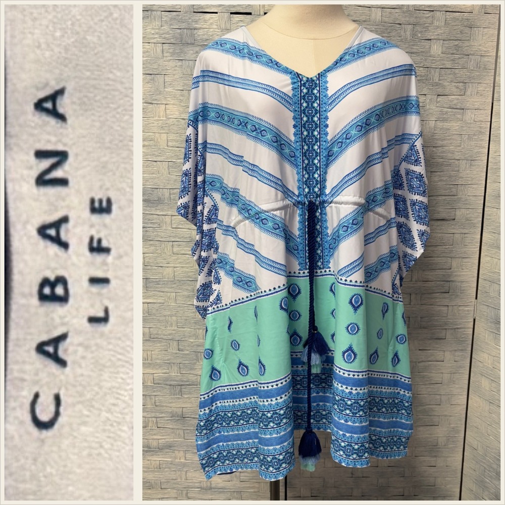 Cabana Life‎ Small Blue Green Medallion Tassel V Neck Kaftan Cover Up